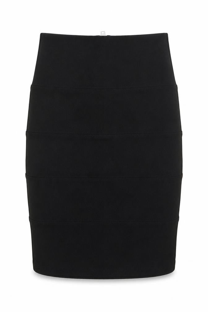 Front view of PREWORN women’s black a-line skirt, size UK 6, - stretch fabric