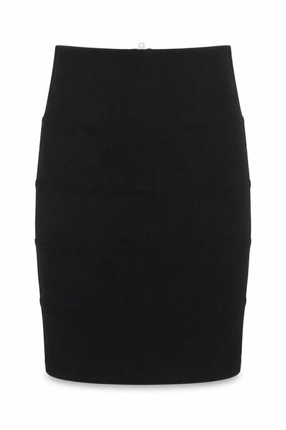 Front view of PREWORN women’s black a-line skirt, size UK 6, - stretch fabric
