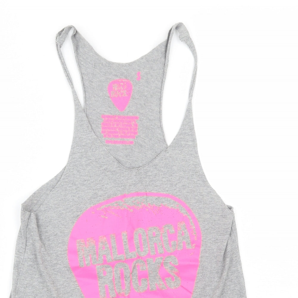 Close-up detail of Ibiza Rocks women’s grey basic tank, size S