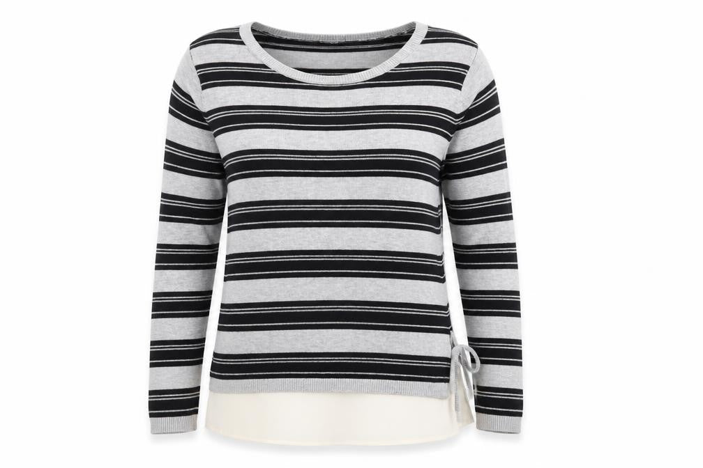 Front view of Dorothy Perkins women’s grey striped knit jumper, size UK 10