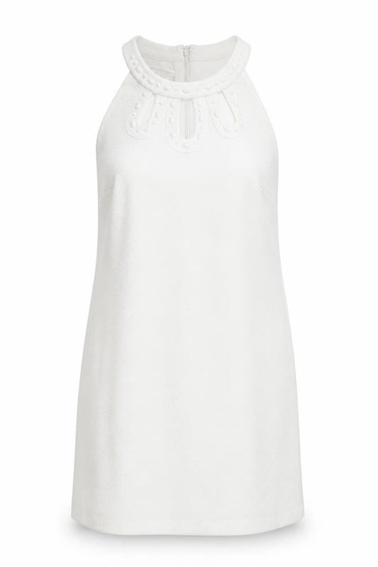 Front view of London Times women’s white check shift, size UK 6, - beaded