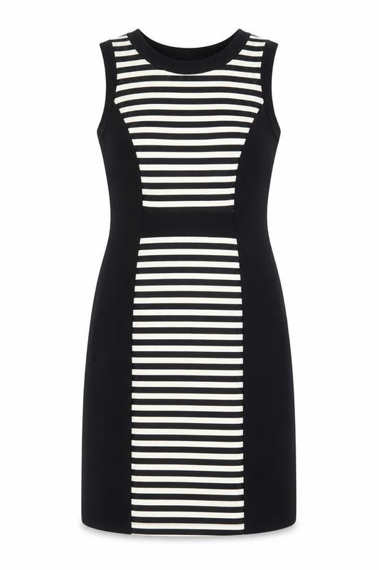 Front view of Kaleidoscope women’s black striped shift, size UK 12