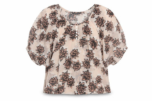 Front view of Internationale women’s pink floral basic blouse, size UK 10