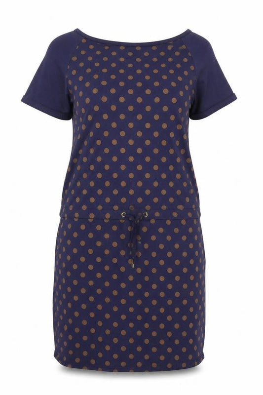 Front view of La Redoute women’s blue polka dot t-shirt dress, size UK 12