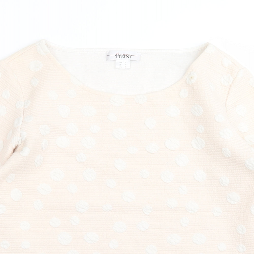 Close-up detail of Tesini women’s pink geometric jumper, size UK 14