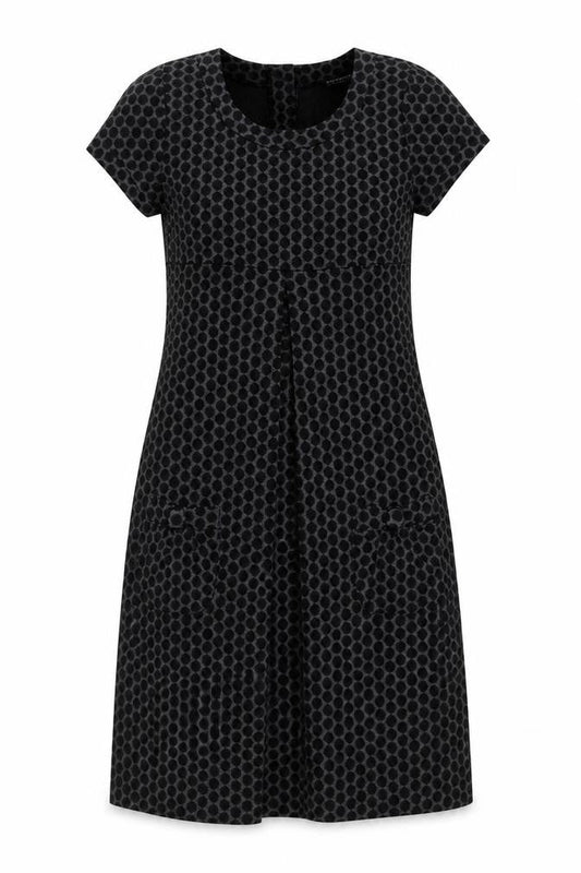 Front view of En Focus Studio women’s grey polka dot a-line, size UK 4