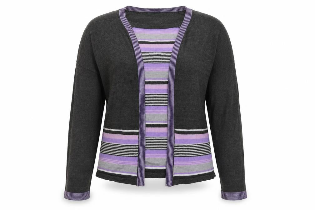 Front view of EWM women’s purple striped pullover sweatshirt, size UK 16