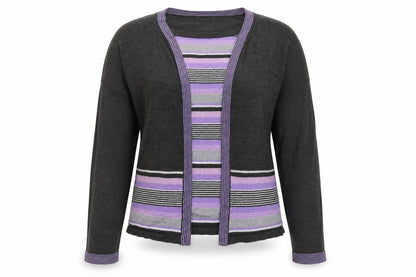 Front view of EWM women’s purple striped pullover sweatshirt, size UK 16