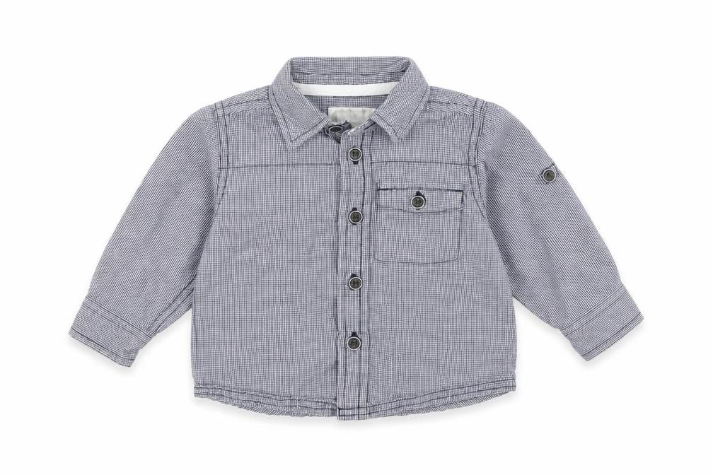 Front view of m boys’ blue basic button-up, size 6-9, months