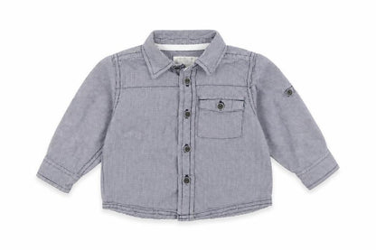 Front view of m boys’ blue basic button-up, size 6-9, months