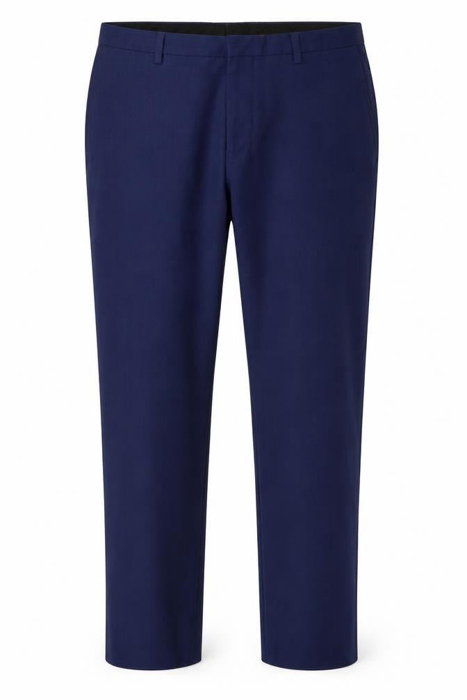 Front view of Burton men’s blue trousers, size 32, in, 27-inch leg