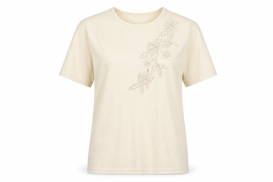 Front view of Casamia women’s beige basic t-shirt one size