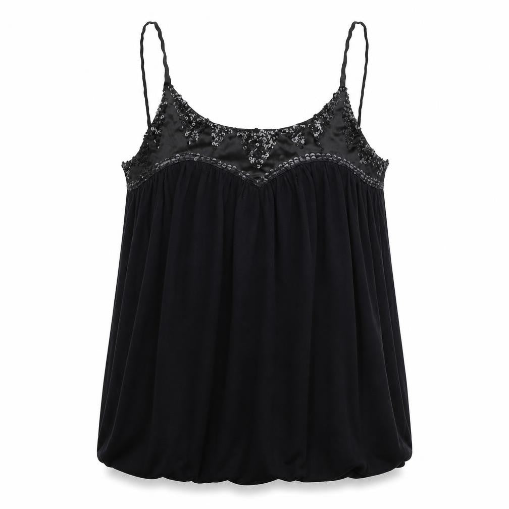 Front view of Status Moda women’s black camisole blouse, size XS