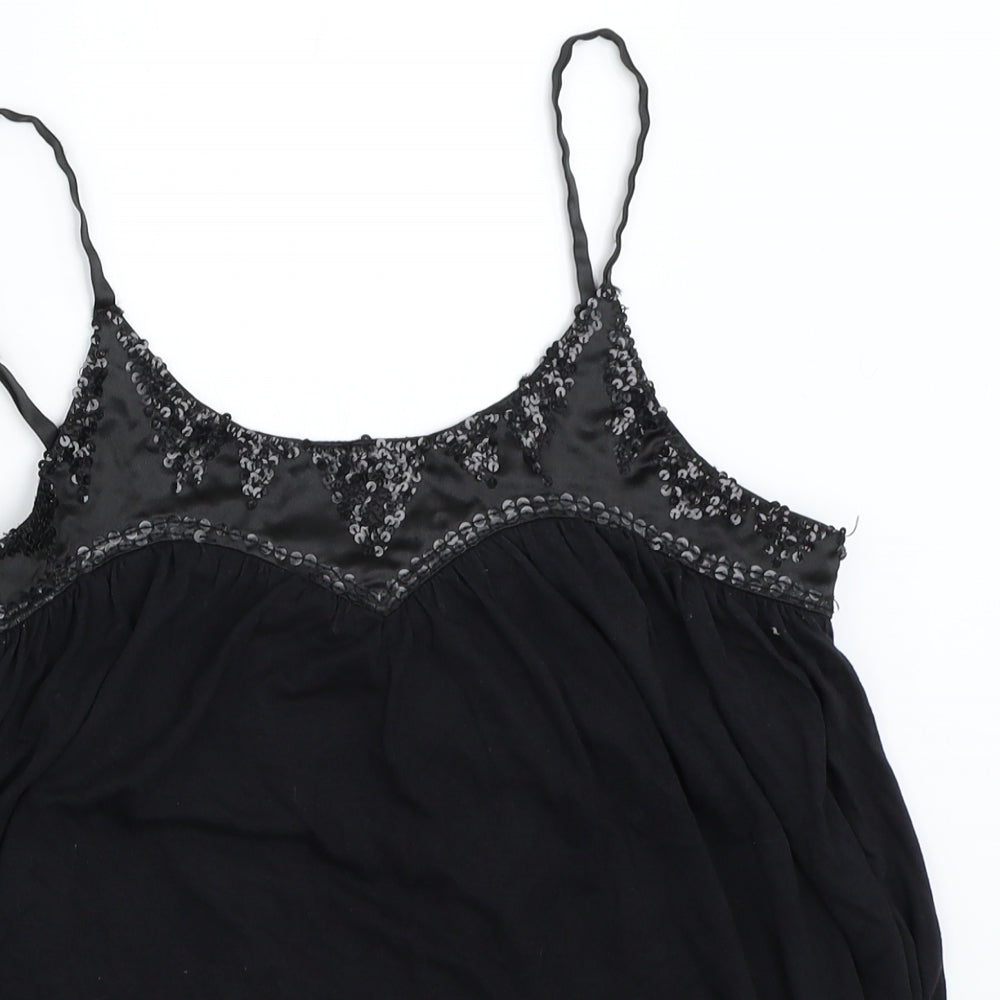 Close-up detail of Status Moda women’s black camisole blouse, size XS