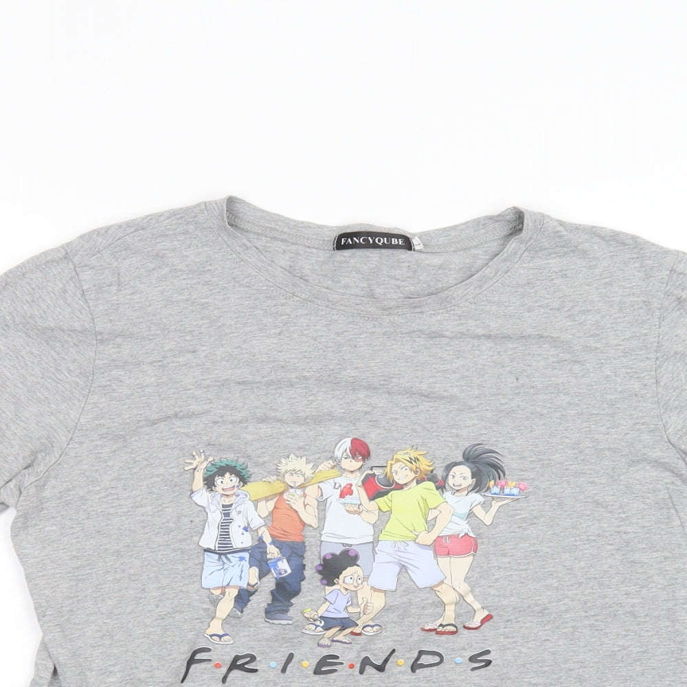 Close-up detail of Fancyqube women’s grey basic t-shirt, size L