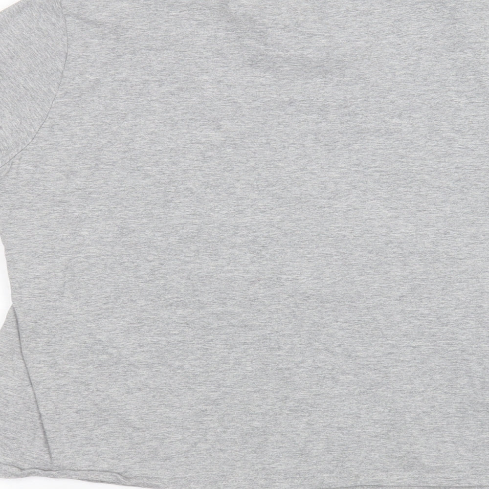 Brand and care label for Fancyqube women’s grey basic t-shirt, size L