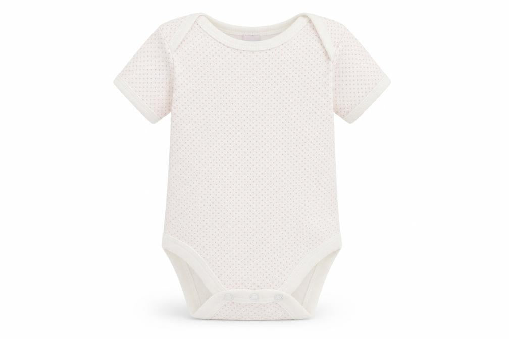 Front view of First Wish Baby White Polka Dot Babygrow One-Piece, size 0-3, Months