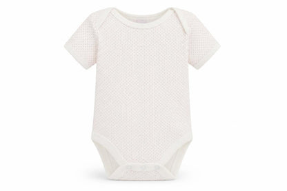 Front view of First Wish Baby White Polka Dot Babygrow One-Piece, size 0-3, Months