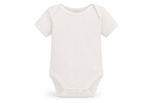 Front view of First Wish Baby White Polka Dot Babygrow One-Piece, size 0-3, Months