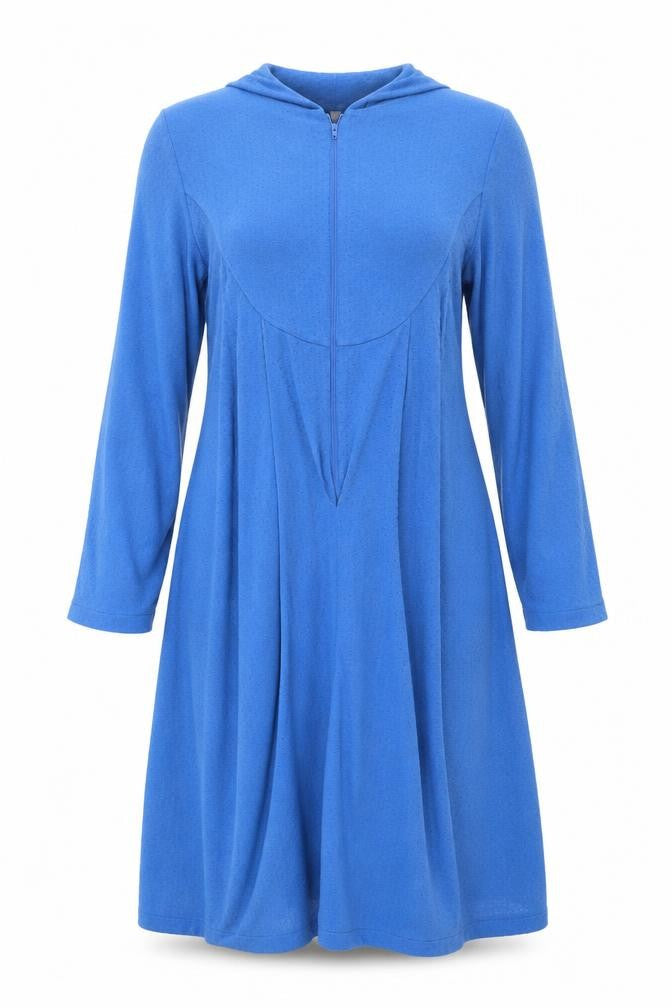 Front view of Preworn women’s blue solid dress, size UK 12