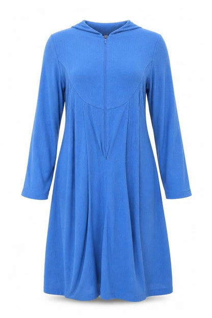 Front view of Preworn women’s blue solid dress, size UK 12