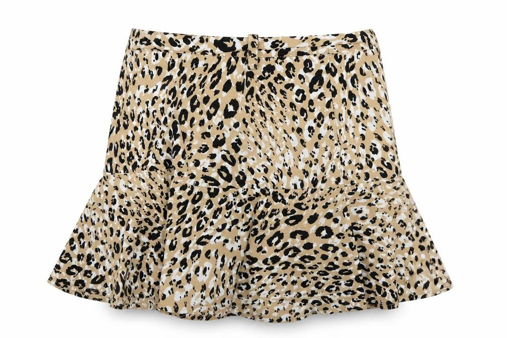 Front view of Stradivarius women’s brown animal print a-line skirt, size S