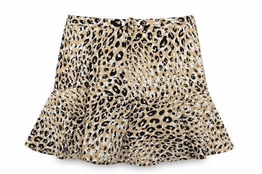Front view of Stradivarius women’s brown animal print a-line skirt, size S