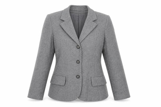 Front view of harvé benard women’s grey pea coat blazer, size UK 4