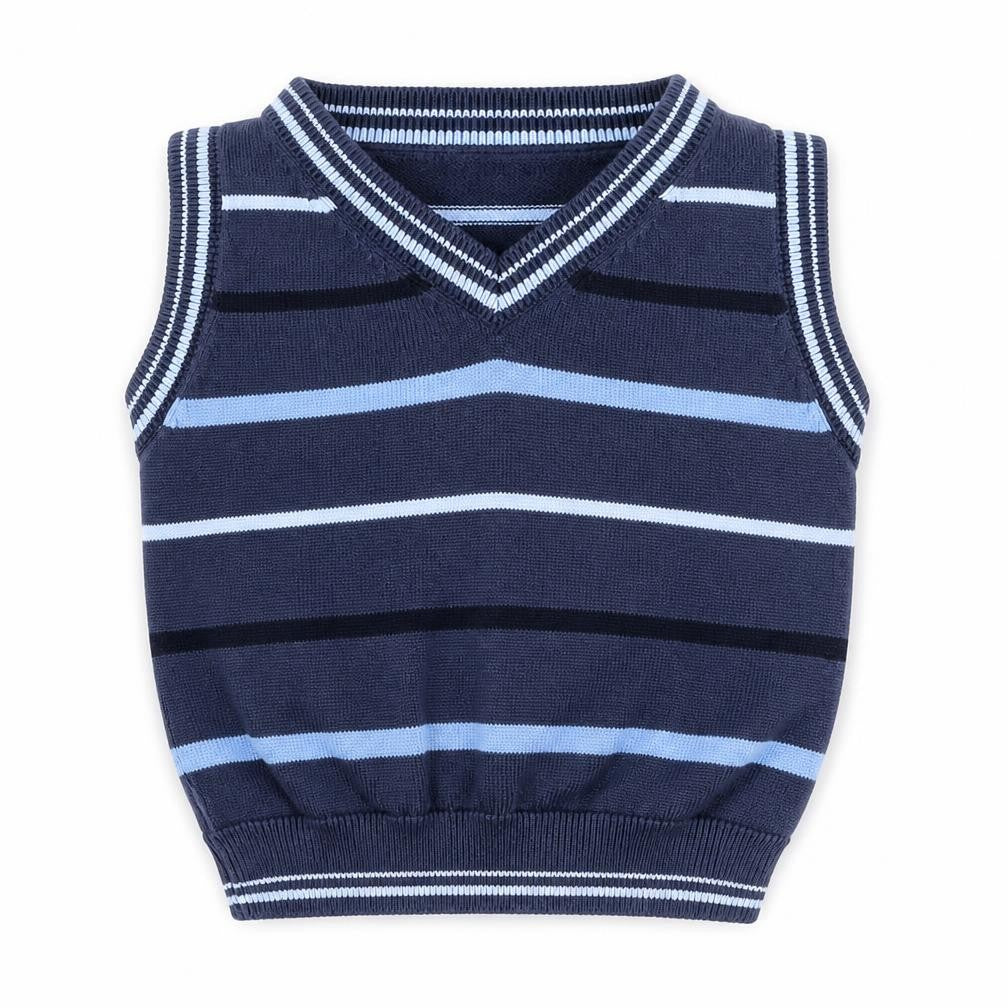 Front view of Matalan Baby Blue Striped Vest Jumper, size 0-3, Months