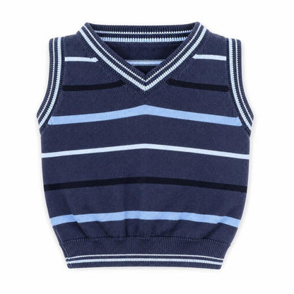 Front view of Matalan Baby Blue Striped Vest Jumper, size 0-3, Months