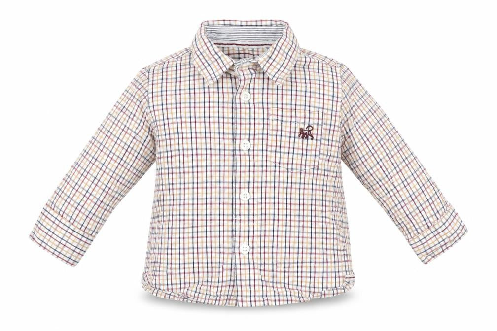 Front view of notting hill boys’ multicoloured plaid basic button-up, size 6-9, months