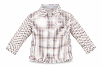 Front view of notting hill boys’ multicoloured plaid basic button-up, size 6-9, months