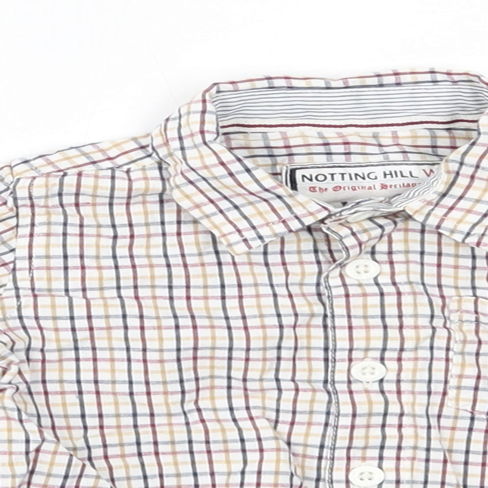 Close-up detail of notting hill boys’ multicoloured plaid basic button-up, size 6-9, months