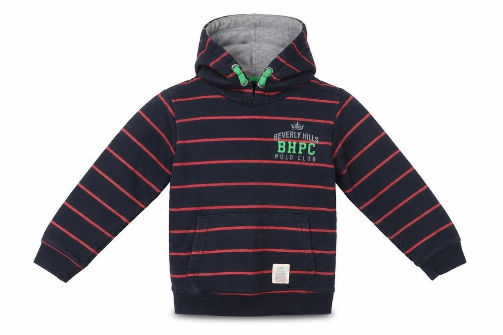 Front view of Beverly Hills boys’ black striped pullover hoodie, size 5-6, years
