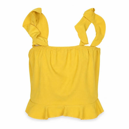 Front view of PRETTYLITTLETHING women’s yellow cropped tank, size UK 12