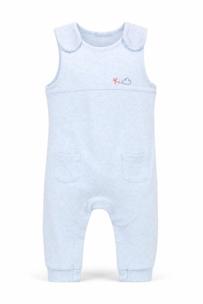 Front view of Marks & Spencer boys’ blue dungaree one-piece, size 6-9, months