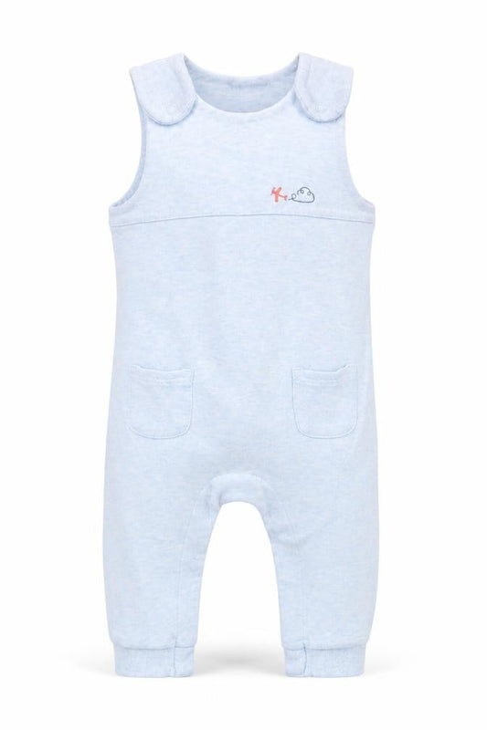 Front view of Marks & Spencer boys’ blue dungaree one-piece, size 6-9, months
