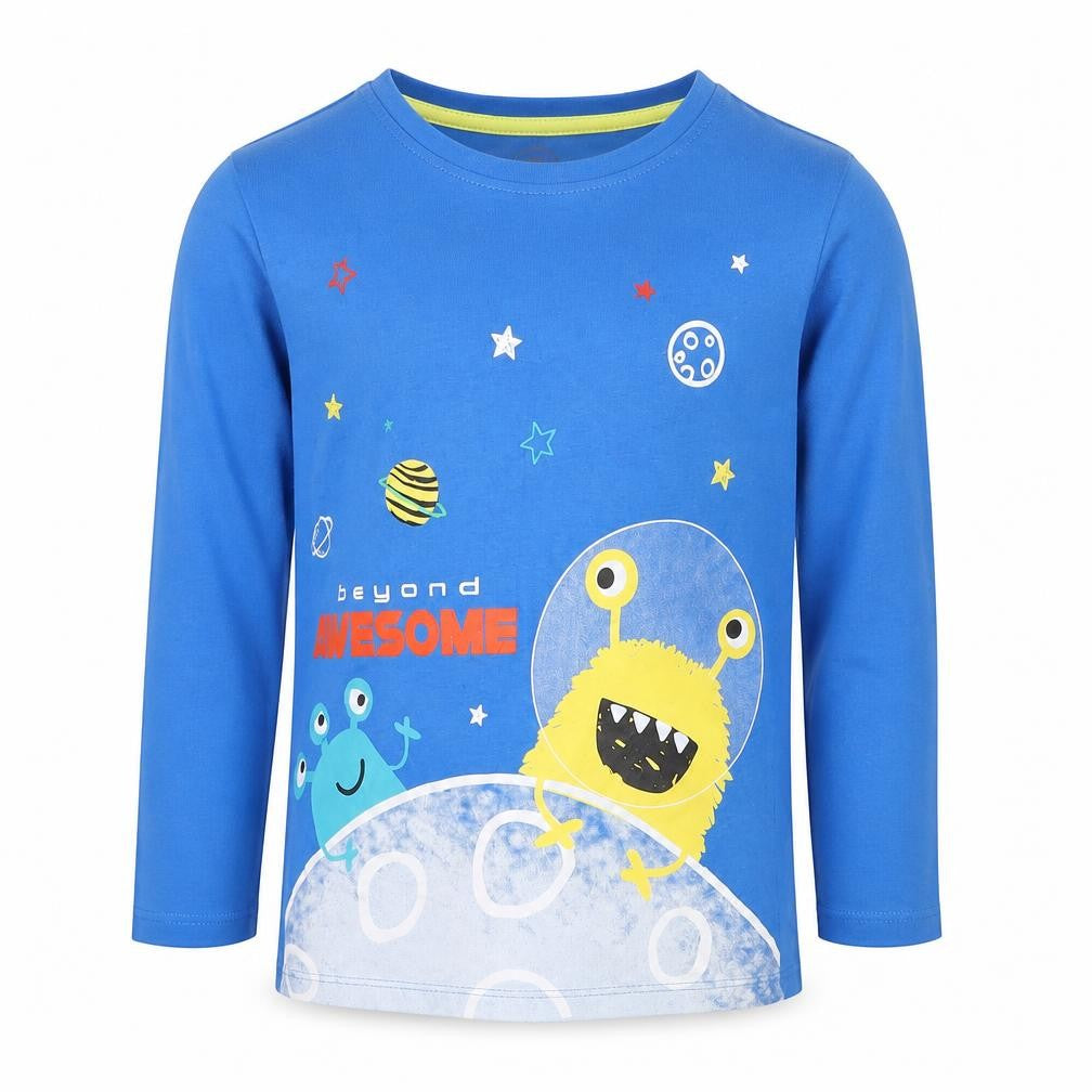Front view of Preworn boys’ blue pyjama top, size 7, years - beyond awesome alien
