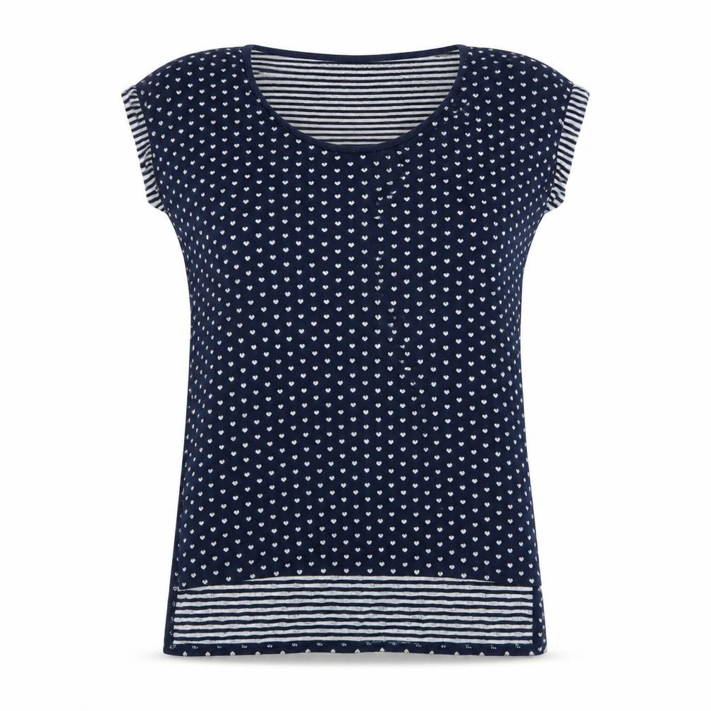 Front view of Oasis women’s blue polka dot tunic t-shirt, size XS