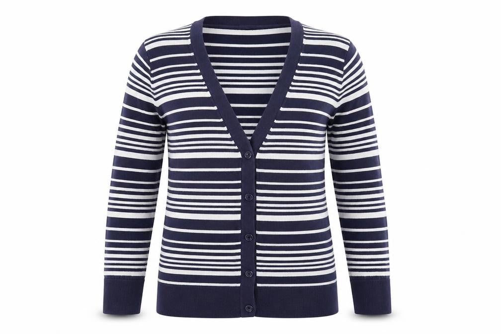Front view of Gap women’s blue striped knit cardigan jumper, size M