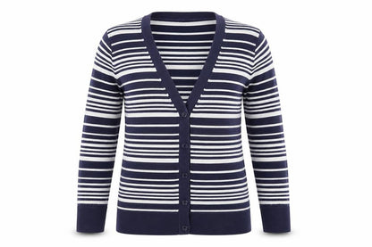 Front view of Gap women’s blue striped knit cardigan jumper, size M