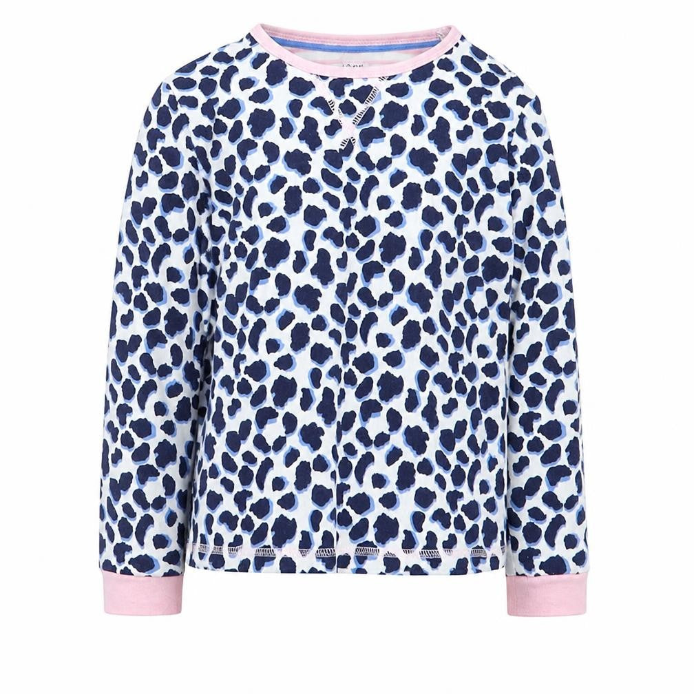 Front view of John Lewis girls’ blue animal print top pyjama top, size 6, years
