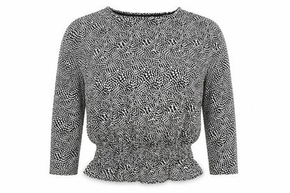 Front view of Next women’s black geometric top pyjama top, size UK 12, - love hearts