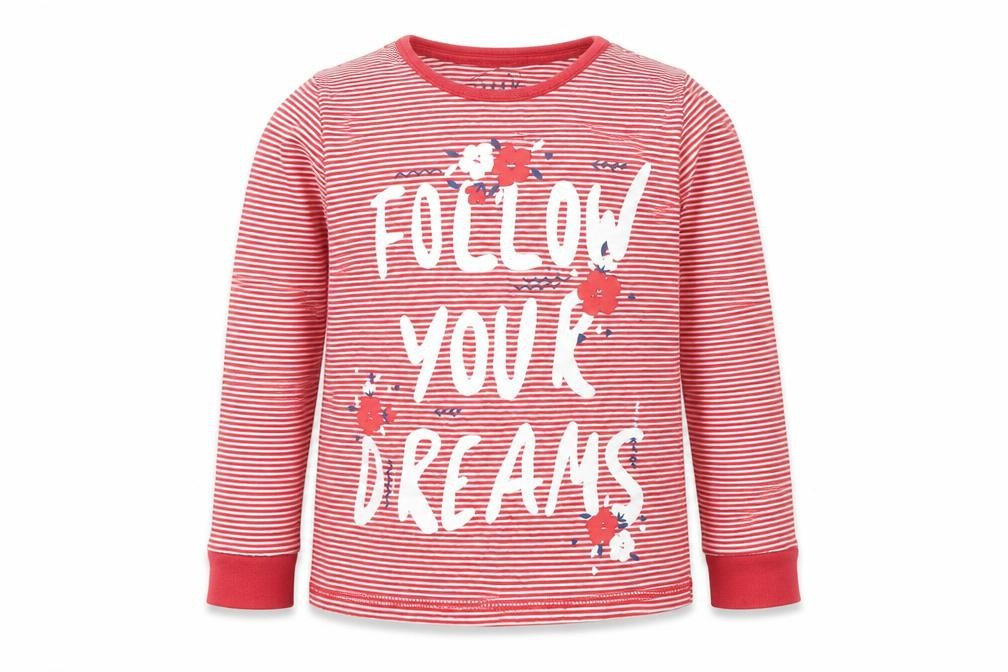 Front view of Mothercare girls’ red striped basic t-shirt, size 5-6, years - follow your dreams