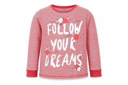Front view of Mothercare girls’ red striped basic t-shirt, size 5-6, years - follow your dreams