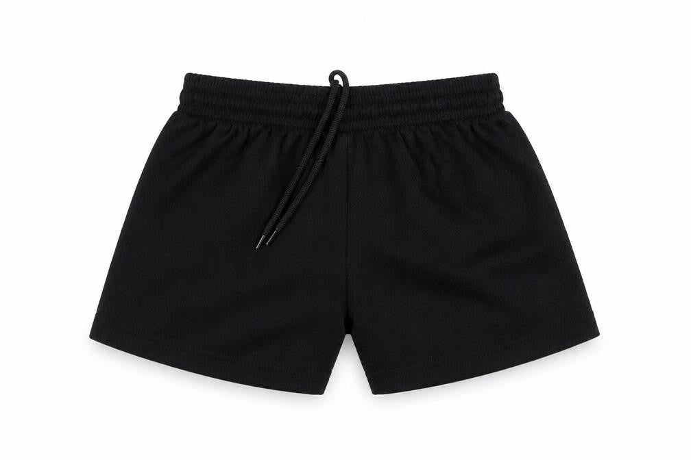 Front view of Medallion boys’ black sweat shorts, size M, - waist 18in; inside leg 4in