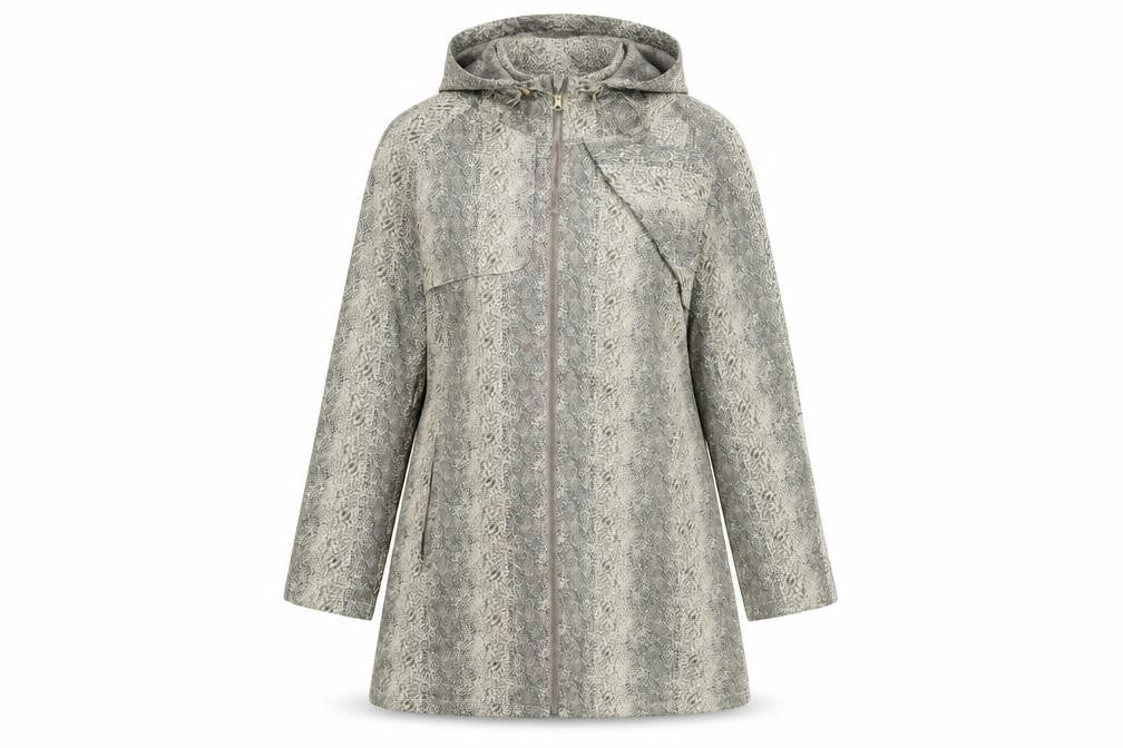 Front view of Denim women’s brown animal print rain coat coat, size M