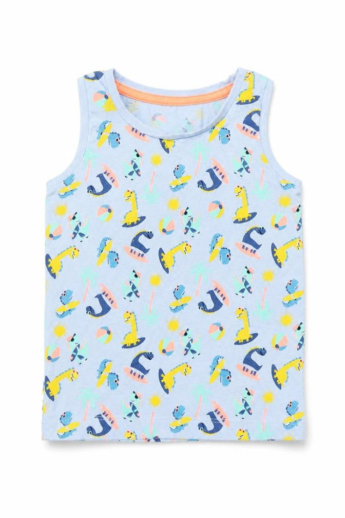 Front view of Matalan boys’ blue basic tank, size 3-4, years - dinosaur print