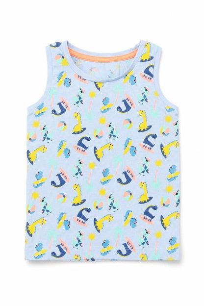 Front view of Matalan boys’ blue basic tank, size 3-4, years - dinosaur print