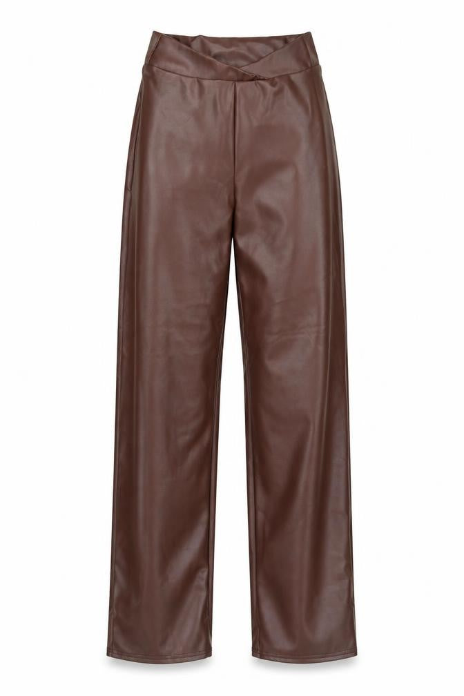 Front view of PRETTYLITTLETHING women’s brown trousers, size UK 4, 32-inch leg
